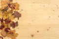 Autumn background with fall leave and fruits on wooden table