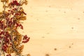 Autumn background with fall leave and fruits on wooden table