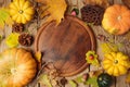 Autumn background with fall leaves and pumpkin over wooden table. Royalty Free Stock Photo