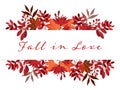 Autumn background with Fall in Love text on autumn leaves frame