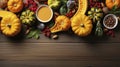 Autumn background from fallen leaves and fruits with vintage place setting on old wooden table. Thanksgiving day concept