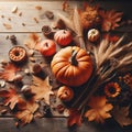 Autumn background from fallen leaves and fruits with vintage place setting on old wooden table. Thanksgiving day concept