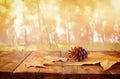 Autumn background of fallen leaves over wooden table and forest backgrond with lens flare and sunset