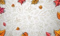 Autumn background. Falling leaves on white background. Pattern with acorns, berries and autumn leaves
