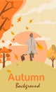 Autumn background flat design with man and cat walking vector illustration