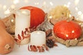 Autumn background. Halloween or Thanksgiving day. Pumpkins next to bright garlands, magic candles, autumn leaves, cones from