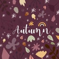 Autumn background. Hand drawn elements with autumnal colors on burgundy background. Fruits, seeds, flowers, leaves, mushrooms,