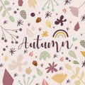 Autumn background. Hand drawn elements with autumnal colors on cream background. Fruits, seeds, flowers, leaves, mushrooms,