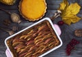 Autumn background. Homemade Pumpkin, apple pies for thanksgiving Royalty Free Stock Photo