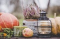 Autumn background with lantern, pumpkins, apple and heather flower in crochet pot outdoors in dark autumn day.