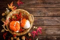 Autumn background with leaves and pumpkins, thanksgiving and halloween card Royalty Free Stock Photo