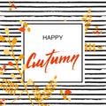 Autumn background with line texture leaves and hand drawn words happy autumn