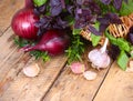 Autumn background with onions and garlic