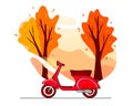 Autumn background. Autumn park trees, red scooter. Cartoon style. Royalty Free Stock Photo