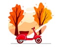 Autumn background. Autumn park trees, red scooter. Cartoon style. Royalty Free Stock Photo