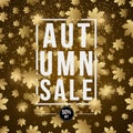 Autumn background. Poster for advertising autumn sale. Invitation card. White paper banner with text. Golden maple leaves. Yellow