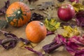 Autumn background, pumpkin and apple among the autumn leaves