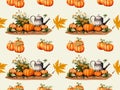 Autumn background with pumpkins and autumn leaves seamless pattern Colorful pumpkins, maple leaves. Royalty Free Stock Photo