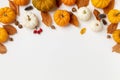 Autumn background from pumpkins, dried foliage, pinecones and acorns top view. Thanksgiving day, harvest, autumn and fall concept