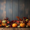 autumn background with pumpkins gourds and leaves on wooden table Royalty Free Stock Photo