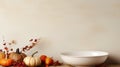 autumn background with pumpkins gourds and autumn leaves on wooden table with white bowl and copy space Royalty Free Stock Photo