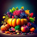 Autumn background with pumpkins, grapes, fruits and leaves. AI generated Royalty Free Stock Photo