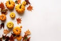 Autumn background with pumpkins and leaves. Flat lay, top view, copy space Royalty Free Stock Photo