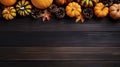 Autumn background with pumpkins, pine cones and leaves on wooden board Generative AI