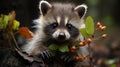 Autumn background with a raccoon, the concept of melancholy and home comfort