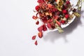 Autumn background with red dried leaves rosehip and berries in leaf bowl with shadow on white wood table, top view, closeup. Royalty Free Stock Photo