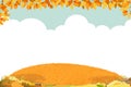 Autumn background with rural grass field landscape, maple leaves border on cloud and blue sky background,Vector cute cartoon with