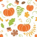 Autumn background. Seamless pattern of falling colorful maple leaves pumpkin Handd rawn design Royalty Free Stock Photo