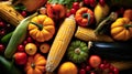 Autumn background with seasonal fruits and vegetables, top view, flat lay