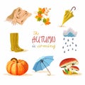 Autumn background. Set design element of fall in cartoon style. Greeting card with rubber boots, mushrooms, rain, cloud, scarf, kn Royalty Free Stock Photo