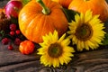 Thanksgiving table. Pumpkins, sunflowers, apples and fallen leaves Royalty Free Stock Photo