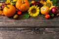 Thanksgiving table. Pumpkins, sunflowers, apples and fallen leaves. Copy space Royalty Free Stock Photo