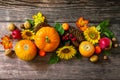 Thanksgiving table. Pumpkins, sunflowers, apples and fallen leaves. Top view flat lay Royalty Free Stock Photo