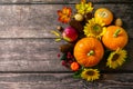 Thanksgiving table. Pumpkins, sunflowers, apples and fallen leaves. Top view flat lay. Copy space Royalty Free Stock Photo