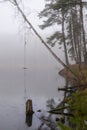 Autumn background with thick mist over a lake