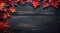 Autumn Background, A Top View of Vibrant Red Leaves on a Dark Wooden Background, Fall Background, Ai generative Royalty Free Stock Photo