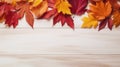 Autumn Background, A Top View of Vibrant Red Leaves on a light Wooden Background, Fall Background, Ai generative Royalty Free Stock Photo