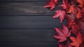 Autumn Background, A Top View of Vibrant Red Leaves on a Dark Wooden Background, Fall Background, Ai generative Royalty Free Stock Photo