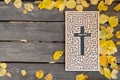 Autumn background. Wood carved word from John 14: 6 on a shabby wood plank with yellow leaves Royalty Free Stock Photo