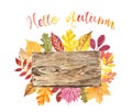 Watercolor Autumn banner with hand painted wood sign and colorful tree leaves, isolated. Fall holidays background