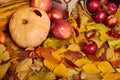 Autumn background from yellow leaves, apples, pumpkin. Fall season, eco food and harvest concept Royalty Free Stock Photo