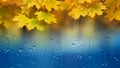 Autumn background with yellow maple leaves, window glass with rain drops, rainy day Royalty Free Stock Photo