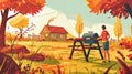 autumn in backyard garden with grill BBQ, cartoon illustration