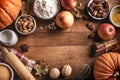 Autumn baking background with pumpkins, apples and nuts Royalty Free Stock Photo