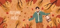 Autumn banner with relaxed man lying on ground with fall leaves. Autumnal background with young person resting in forest