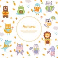 Autumn Banner Template with Cute Wild Animals, Deer, Unicorn, Bear, Hedgehog, Frog, Crocodile Vector Illustration